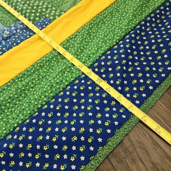 Handmade Patchwork Quilt Tumbling Blocks Blue Green Yellow Full Twin Lap Blanket - Picture 5 of 8